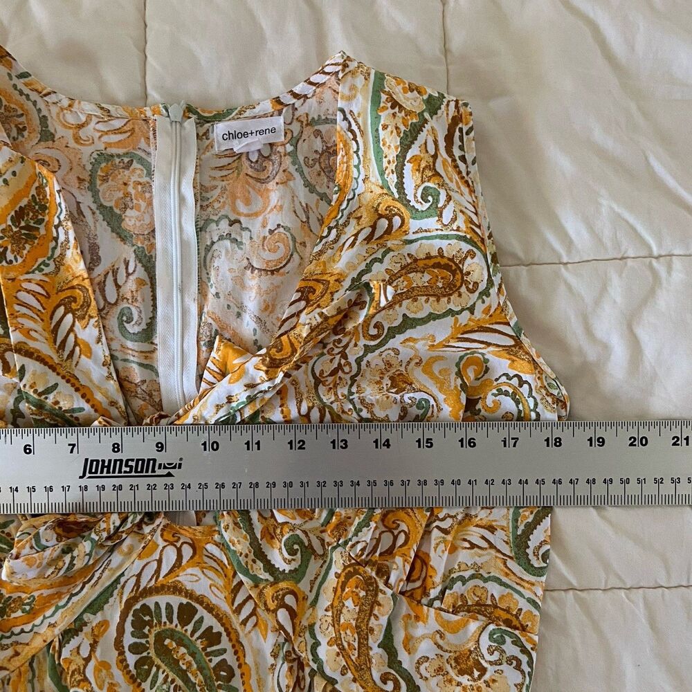 Chloe + Rene Tie V Neck Gold Green Paisley 100% Cotton Maxi Dress Size Small - Picture 9 of 10